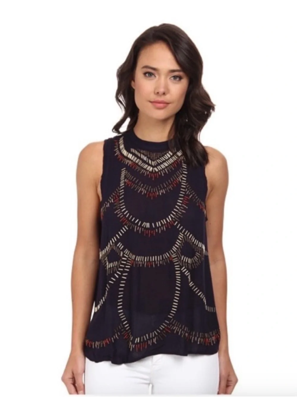 Free People Ferris Wheel Dark Blue Beaded Open Back Sleeveless Top Shirt Sz XS.